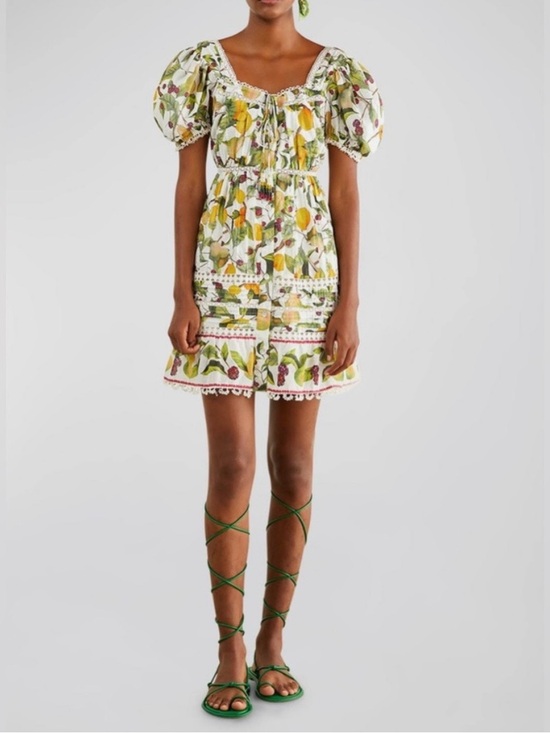 FARM Rio Dresses & Skirts - FARM Rio Lemon & Floral Puff-Sleeve Mini Dress in White, Yellow & Green